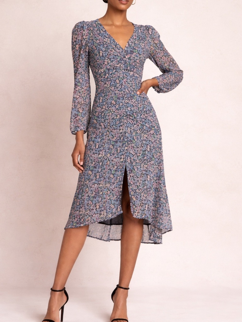 ASTR The Label Floral Long Sleeve Ruched Midi Dress, Large